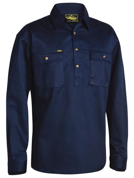 Bisley Closed Front Cotton Drill Shirt - Long Sleeve - Navy