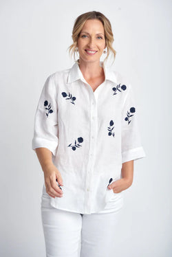 Goondiwindi Cotton Embroidered Shirt - White/Navy