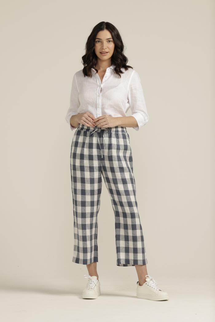 Goondiwindi Cotton Linen Gingham Cropped Pant - Navy/White