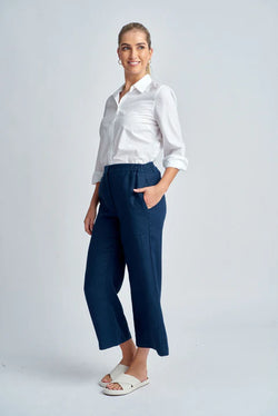 Goondiwindi Cotton Straight Leg Cropped Linen Pant - Navy