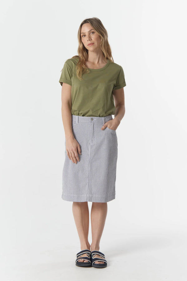 Goondiwindi Cotton 5 Pocket Knee Length Skirt - Navy/White