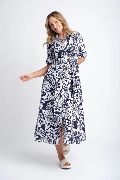 Goondiwindi Cotton A-Line Cotton Dress with Tie Belt - Navy/White Lotus Print