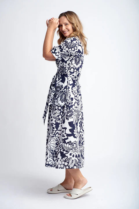 Goondiwindi Cotton A-Line Cotton Dress with Tie Belt - Navy/White Lotus Print