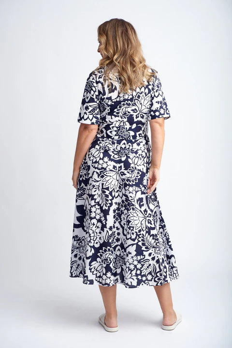 Goondiwindi Cotton A-Line Cotton Dress with Tie Belt - Navy/White Lotus Print