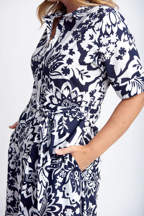 Goondiwindi Cotton A-Line Cotton Dress with Tie Belt - Navy/White Lotus Print