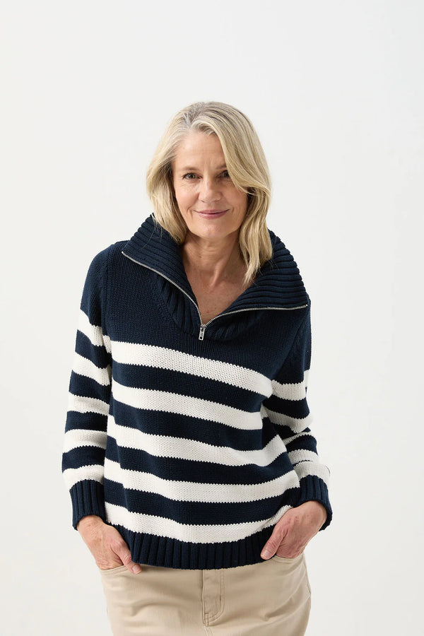 Goondiwindi Cotton Stripe 1/2 Zip Jumper - Navy/White