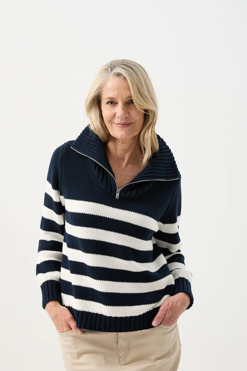 Goondiwindi Cotton Stripe 1/2 Zip Jumper - Navy/White