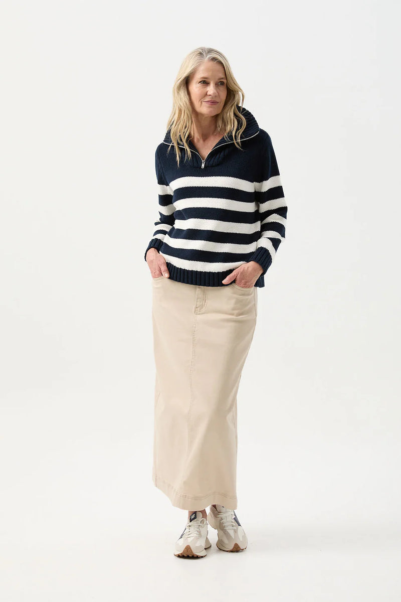 Goondiwindi Cotton Stripe 1/2 Zip Jumper - Navy/White