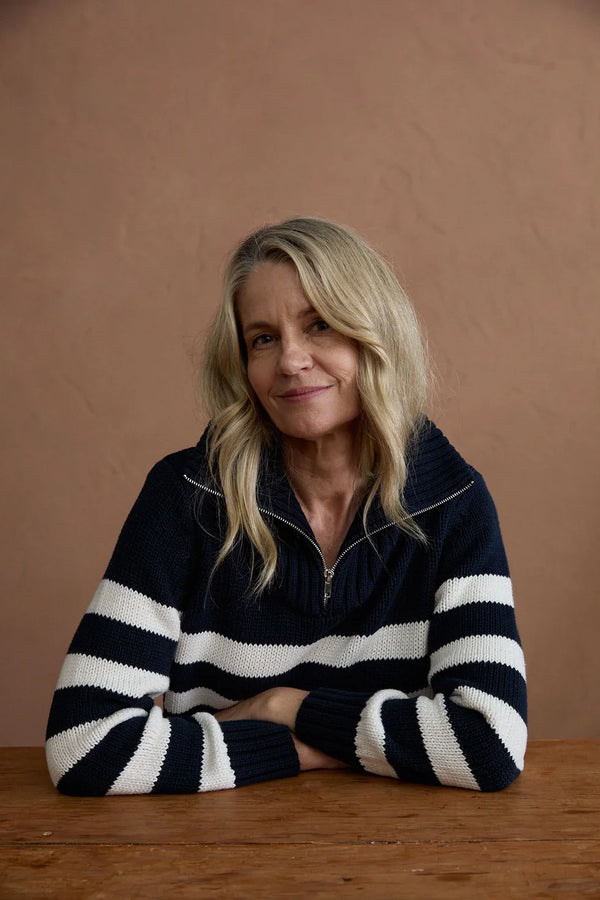 Goondiwindi Cotton Stripe 1/2 Zip Jumper - Navy/White