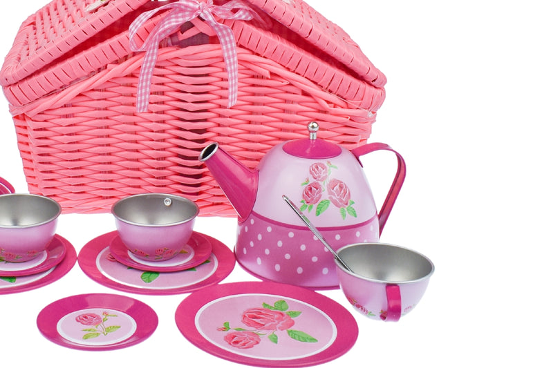 KAPER KIDZ ROSE TIN TEA SET IN PICNIC BASKET