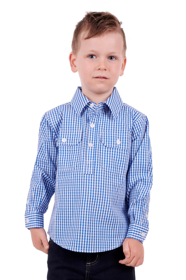 Hard Slog Kids Devin Half Placket Long Sleeve Shirt - Blue/White