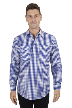 Hard Slog Mens Denny Half Placket Long Sleeve Shirt - Blue/White