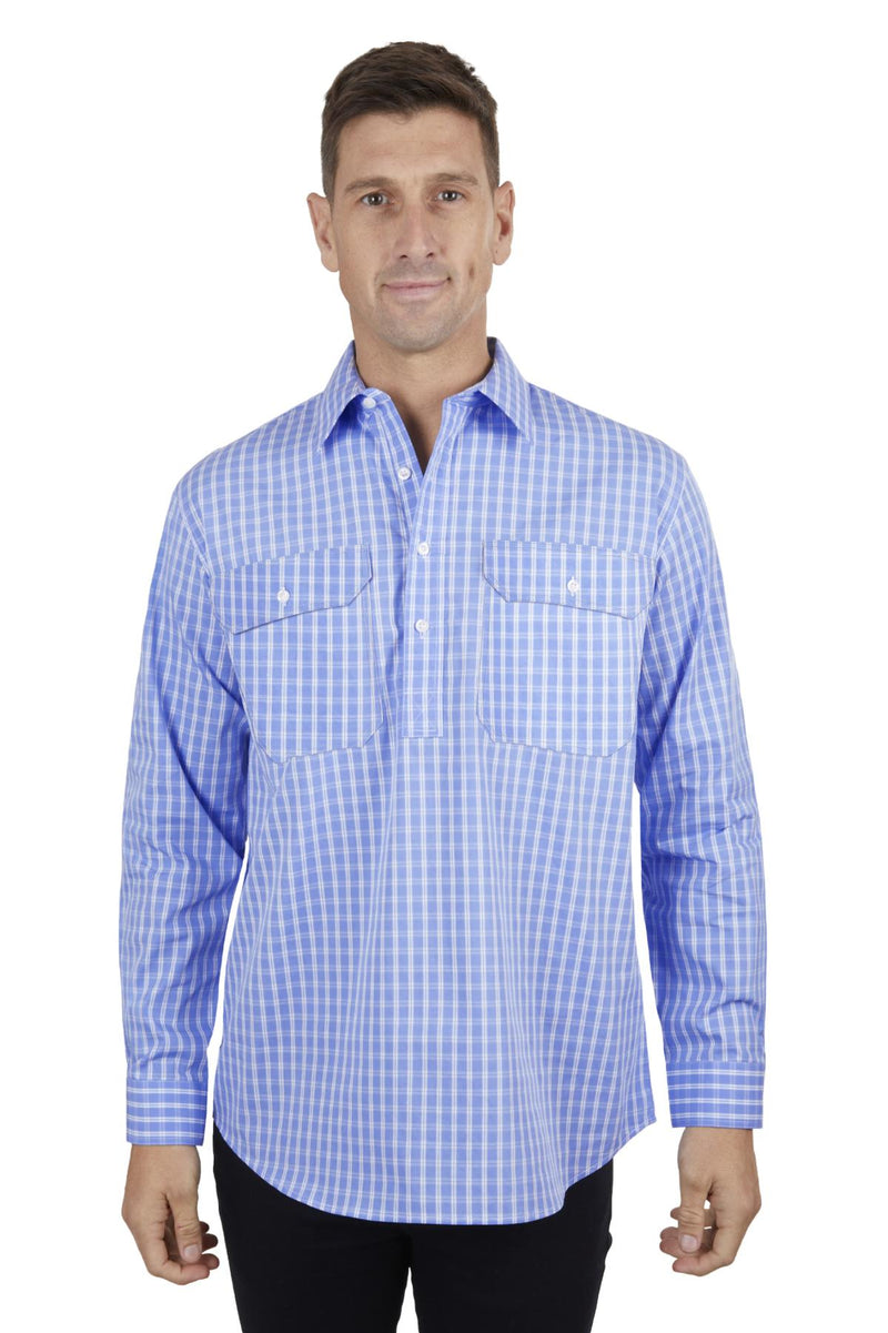 Hard Slog Mens Ron Half Placket Long Sleeve Shirt - Blue/White