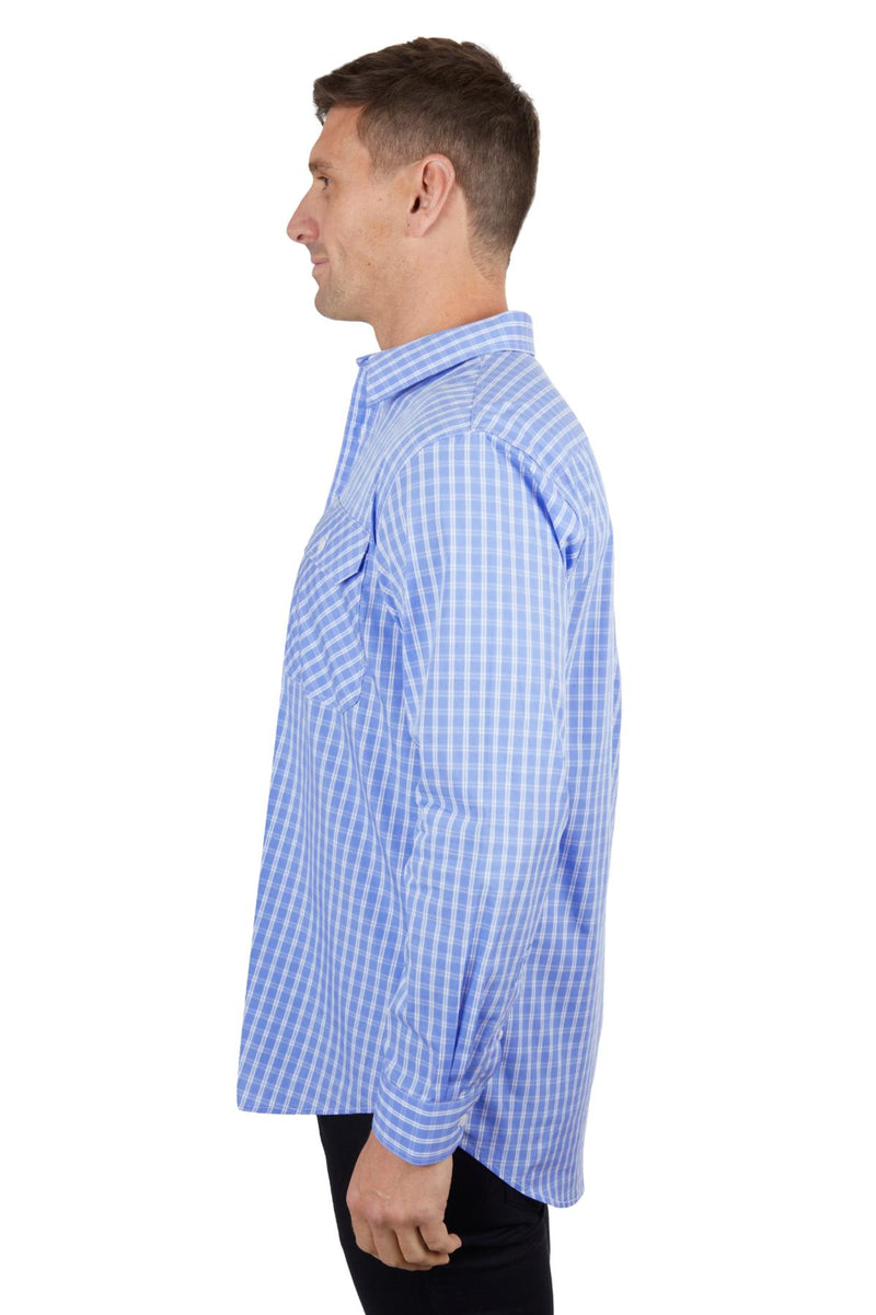 Hard Slog Mens Ron Half Placket Long Sleeve Shirt - Blue/White