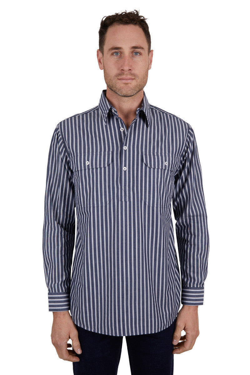 Hard Slog Men's Ken 1/2 Placket Long Sleeve Shirt - Navy/White