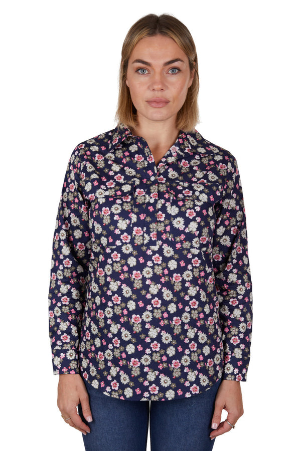 Hard Slog Women's Rose 1/2 Placket Long Sleeve Shirt - Navy