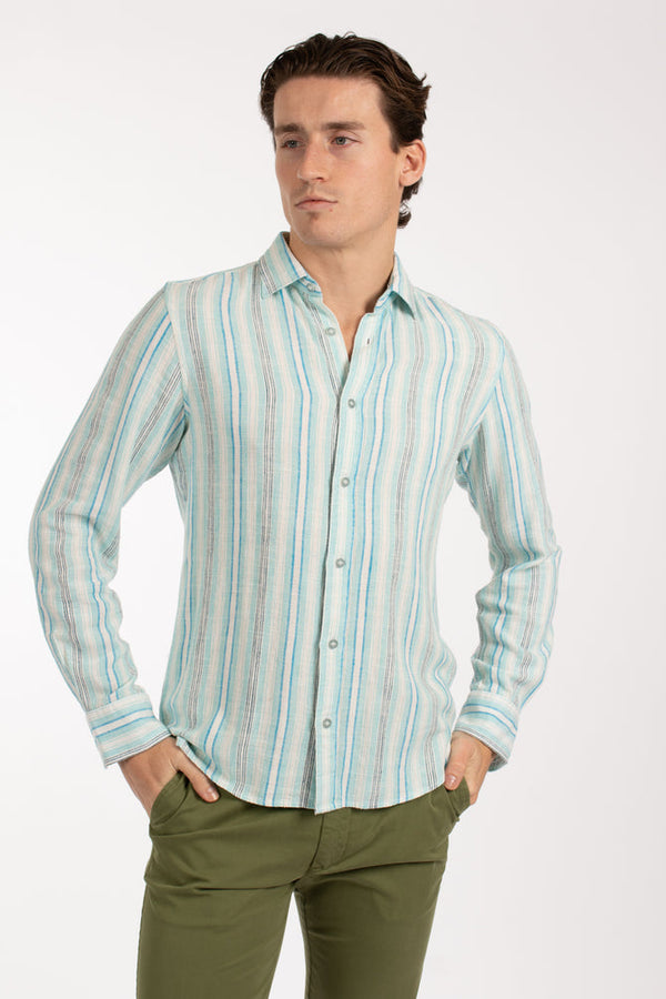 James Harper Variegated Stripe Linen Shirt - Aqua