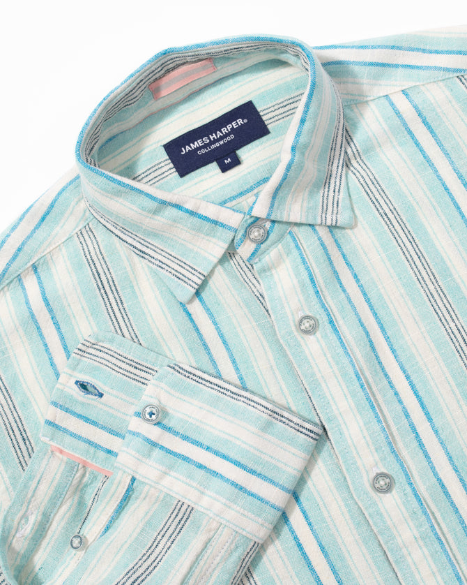 James Harper Variegated Stripe Linen Shirt - Aqua
