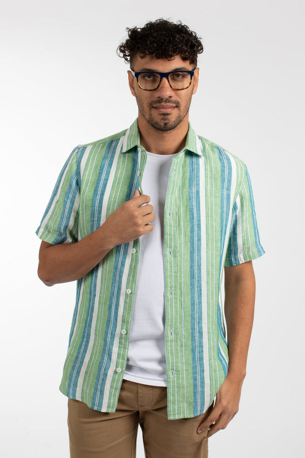 James Harper Beach Stripe Linen Short Sleeve Shirt - Green