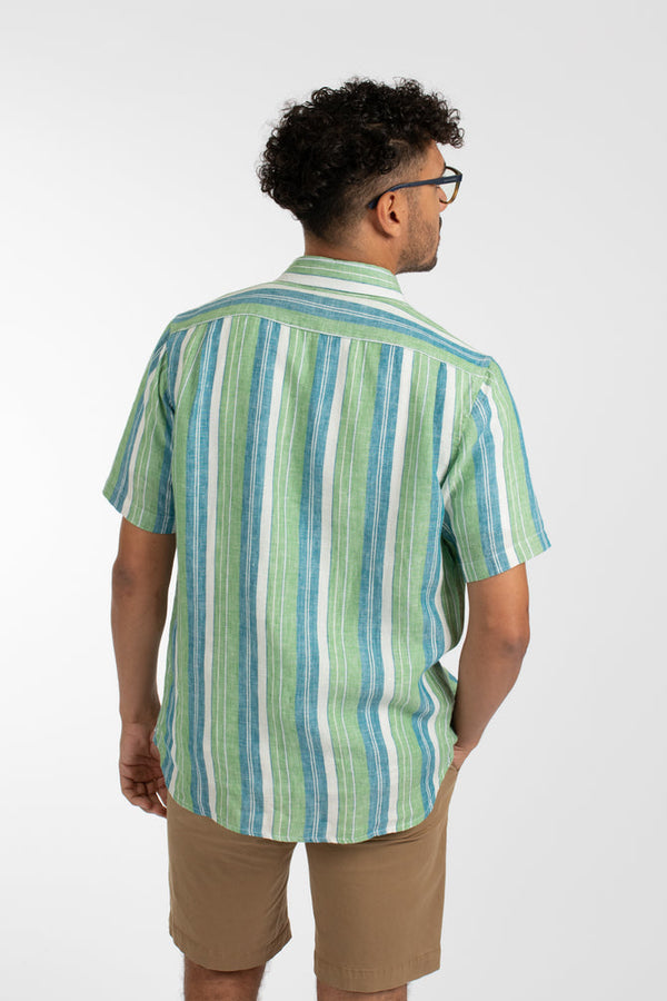 James Harper Beach Stripe Linen Short Sleeve Shirt - Green