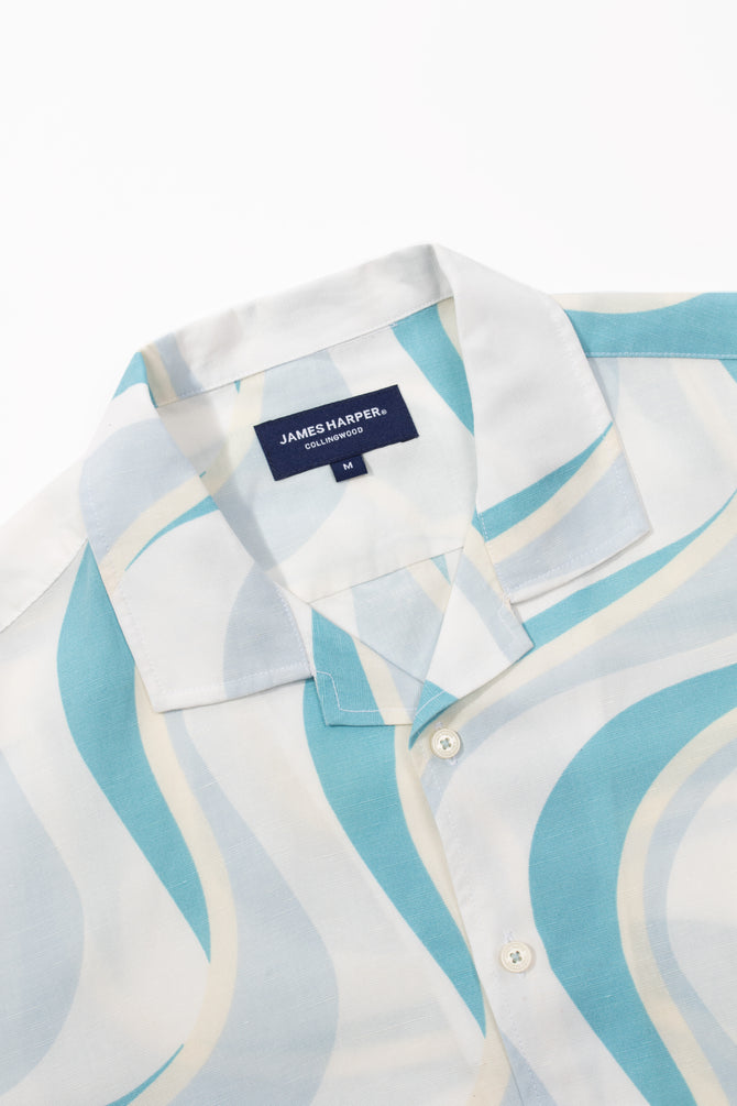 James Harper Linen Tencel Waves Camp Collar Shirt - Blue