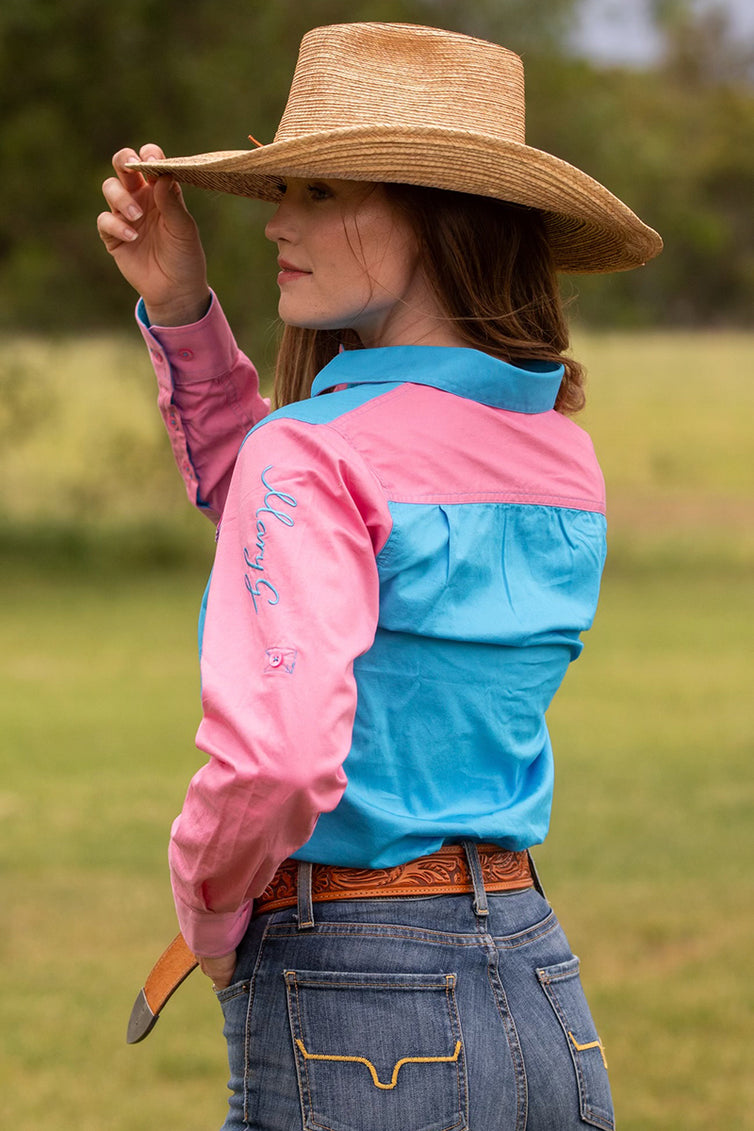 Mary G Ladies Harlequin Closed Front Long Sleeve Shirt - Cornflower/Blush