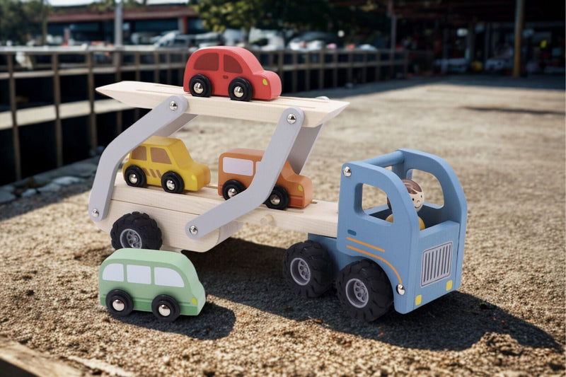 KAPER KIDZ WOODEN CAR CARRIER WITH 4 CARS