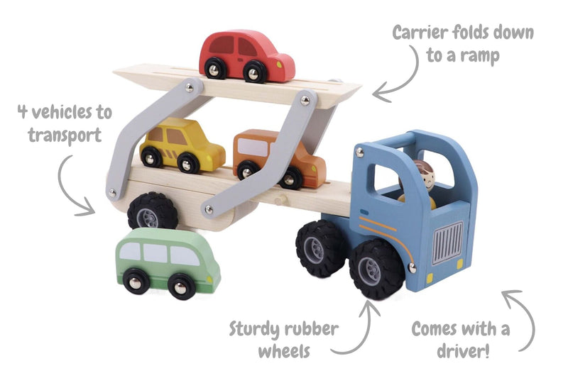 KAPER KIDZ WOODEN CAR CARRIER WITH 4 CARS