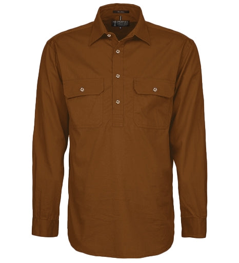 Pilbara Mens Closed Front Long Sleeve Shirt - Terracotta