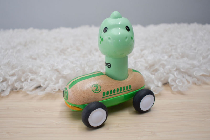 WANBORNS WOODEN PRESS GO RACER DINOSAUR