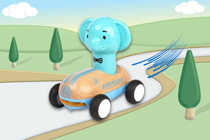 WANBORNS WOODEN PRESS GO RACER ELEPHANT