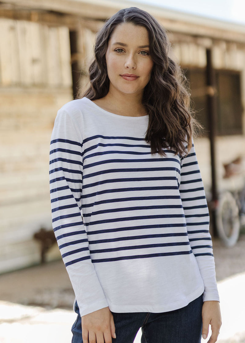 Goondiwindi Cotton 100% Cotton Curved Hem Stripe Long Sleeve T-Shirt - 3 Colours