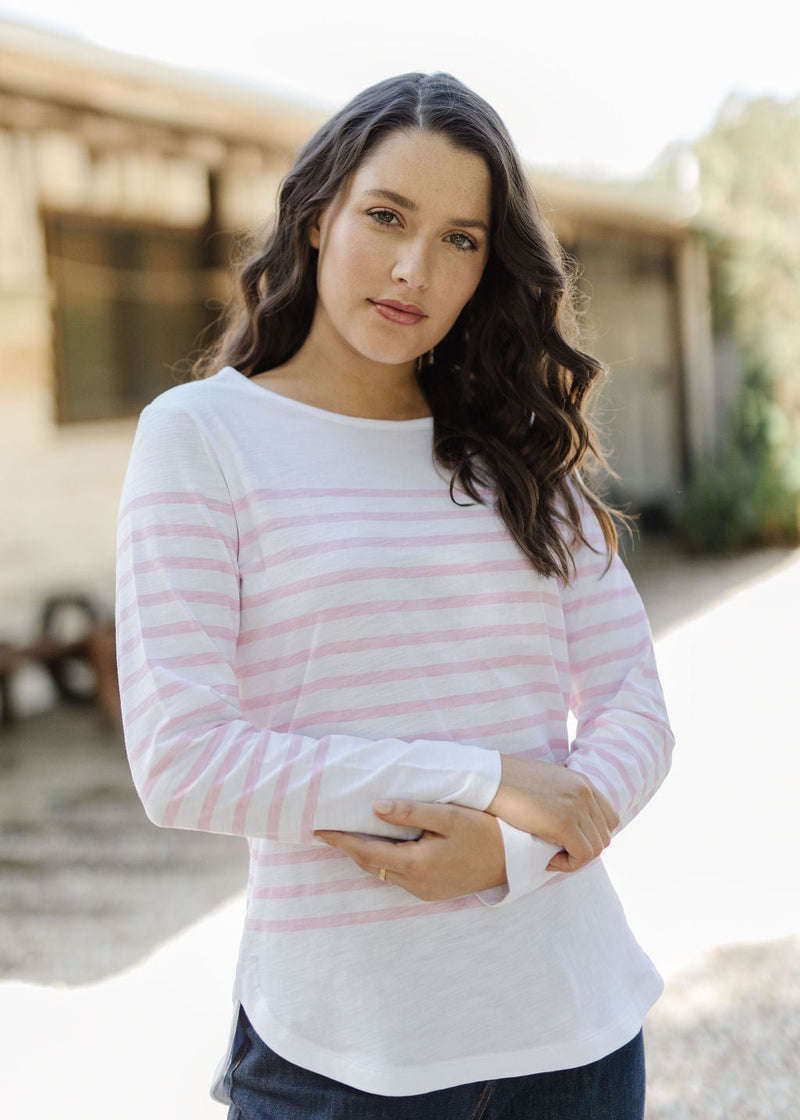 Goondiwindi Cotton 100% Cotton Curved Hem Stripe Long Sleeve T-Shirt - 3 Colours