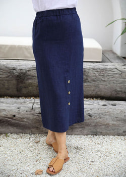 Goondiwindi Cotton 100% Linen Side Button Skirt - Navy