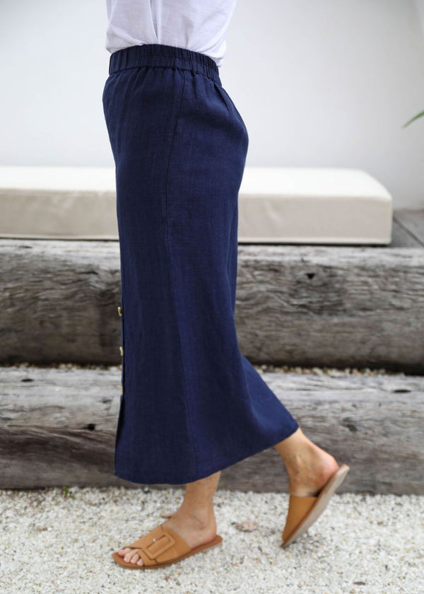 Goondiwindi Cotton 100% Linen Side Button Skirt - Navy
