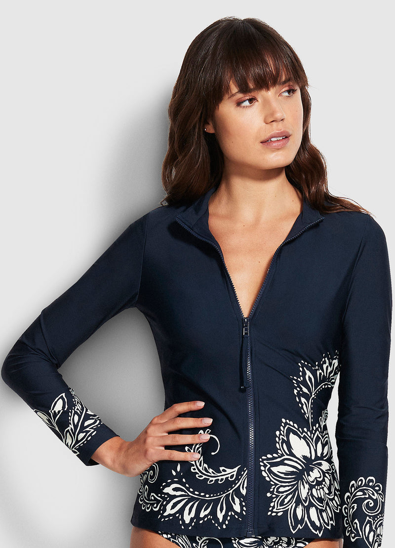 Seafolly Folklore Long Sleeve Sunvest - True Navy