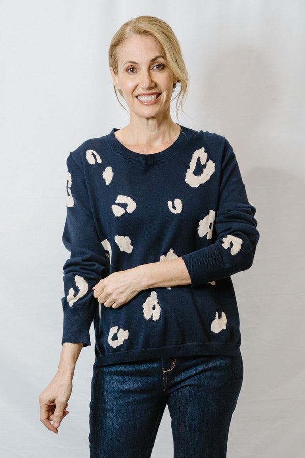 Goondiwindi Cotton Cashmere/Cotton Blend Abstract Animal Print Jumper - Navy and Silver