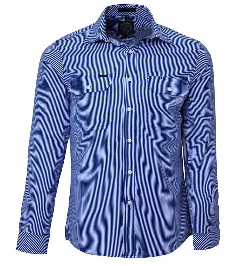 Ritemate Mens Double Pocket Long Sleeve Shirt - Royal Blue Stripe