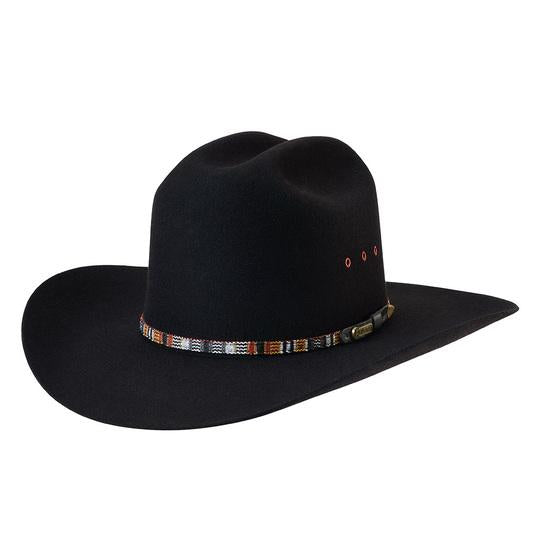The Black Akubra Bronco Hat has a tall, centre-creased western crown and a broad, upswept brim. It features a Guatemalan style patterned band, satin lining, and eyelet vents. Make the most of reduced prices on all of our Akubras online, and receive free shipping if you spend over $200.