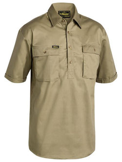 Bisley Closed Front Cotton Drill Shirt - Short Sleeve - Khaki