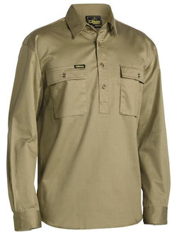 Bisley Closed Front Cotton Drill Shirt - Long Sleeve - Khaki
