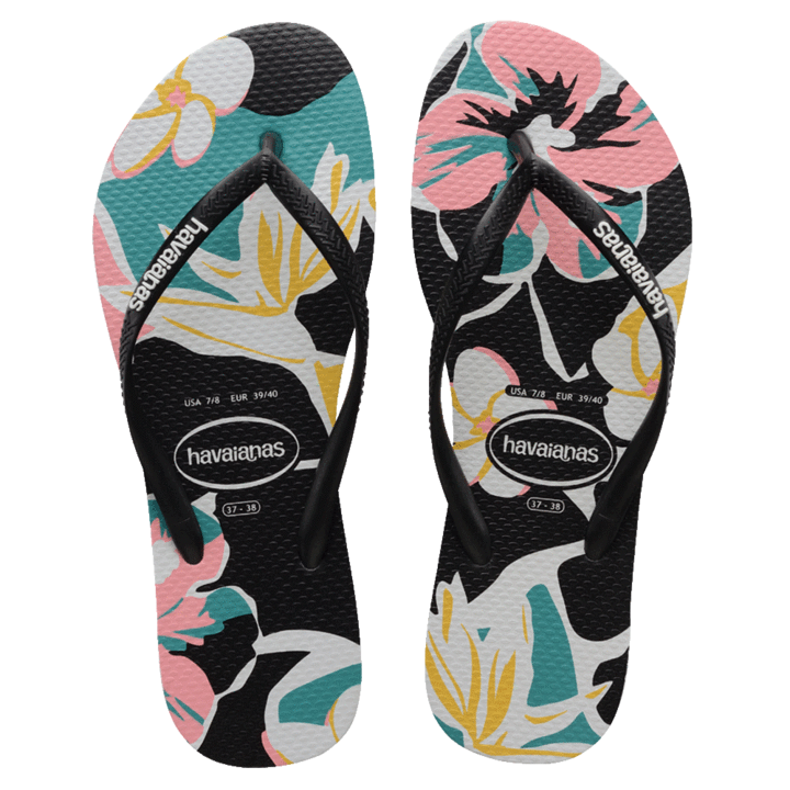 Womens Havaianas Slim Print Floral Thongs - Black