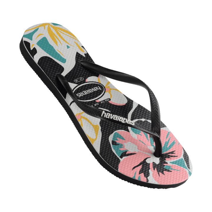 Womens Havaianas Slim Print Floral Thongs - Black