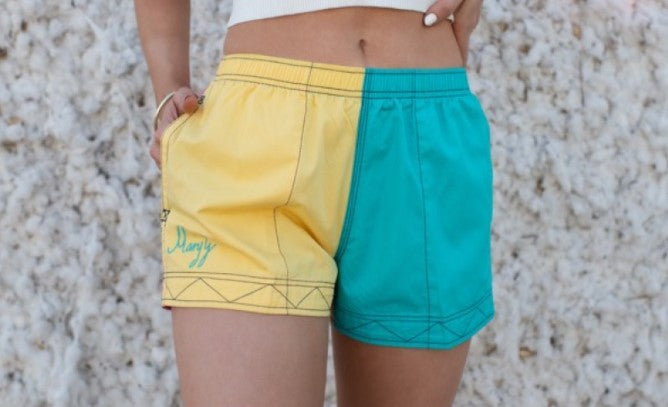 Mary G Ladies Australian Cotton 'Grown Here' Old School Harlequin Shorts - Sunflower/Turquoise/Musk