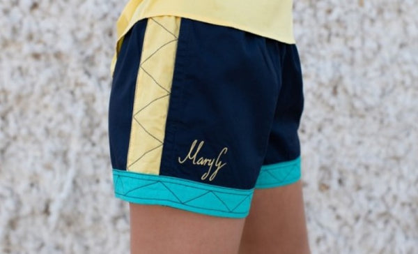 Mary G Ladies Australian Cotton 'Grown Here' Old School Panel Shorts - French Navy/Sunflower/Turquoise